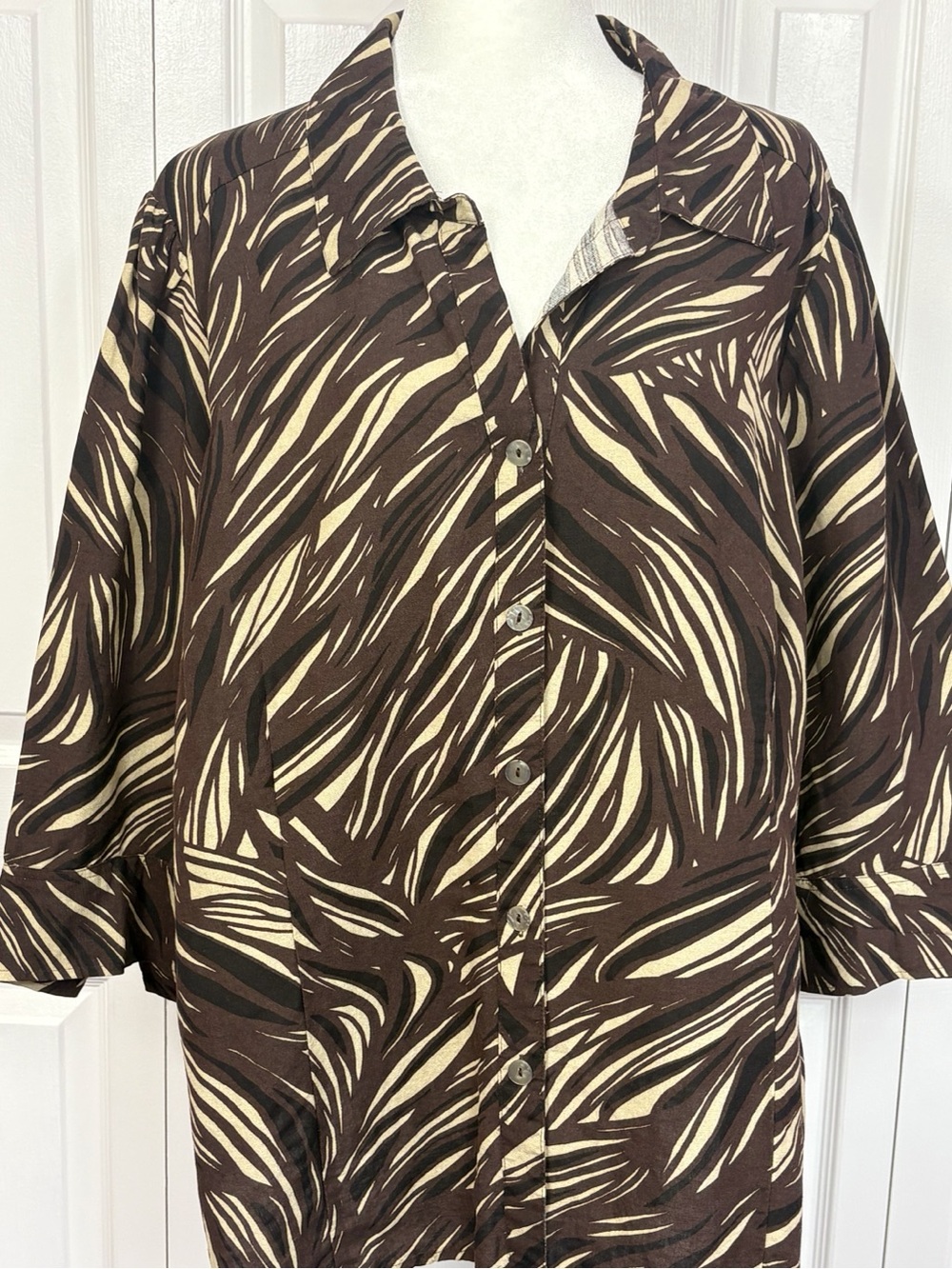 New East 5th Brown Multi Stripe Linen Blend 3/4 Sleeve Button Up Shirt 3X